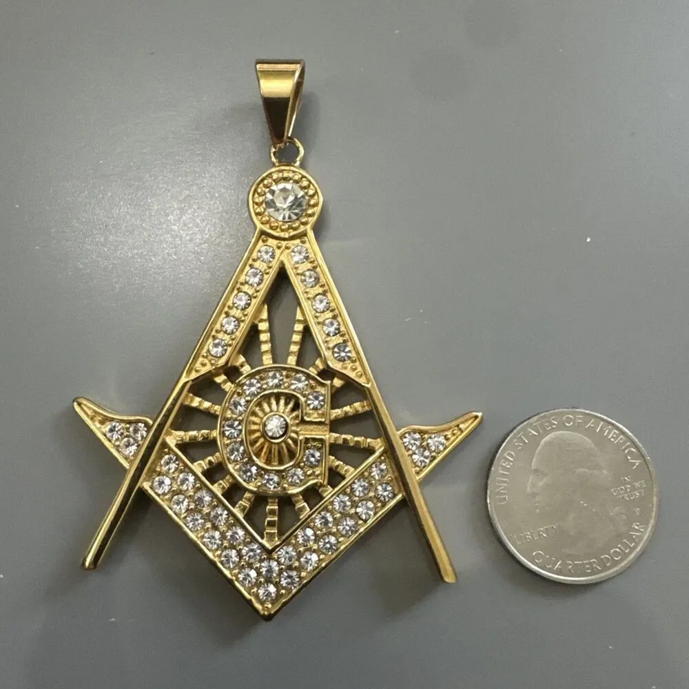 Free Mason Stainless Steel Freemason Symbol Masonic Pendant 24” Chain Gold Plate